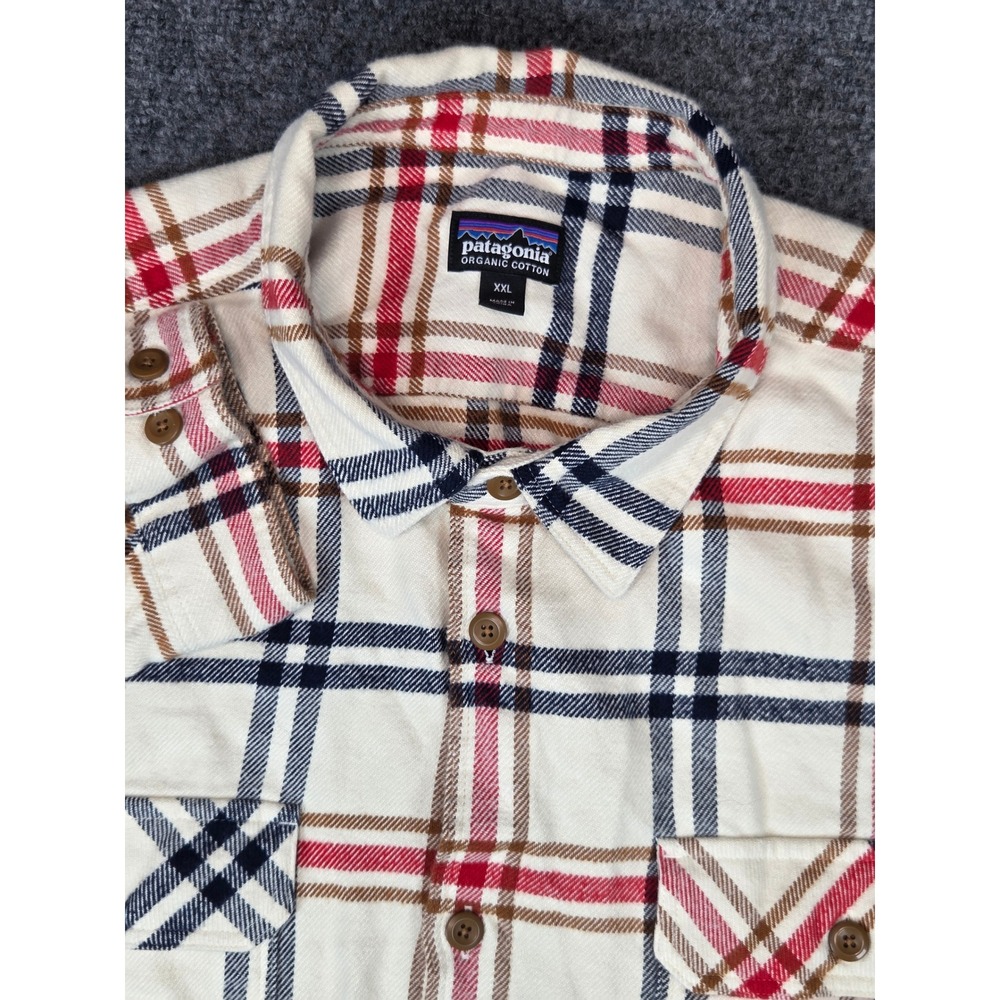 Patagonia Fjord Flannel Shirt Mens XXL Cream Red Plaid Organic Cotton LS